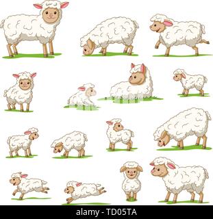 Collection of cute cartoon sheep and lambs. Isolated on white background. Stock Vector