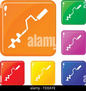 Hand operated ice auger icons set vector color Stock Vector