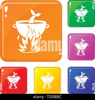 Fish soup on a fire icons set vector color Stock Vector