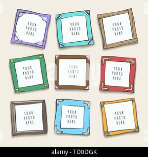 Wall collage picture frames. Photographing frame layout, pictures or photo frames gallery design, nice wall collage cartoon borders, vector illustrati Stock Vector