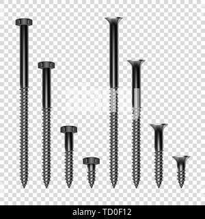Vector 3d Realistic Metal Silver Construction Fasteners Icon Set Closeup Isolated on Transparent Background. Lag Screws, Bolts. Different Size Stock Vector