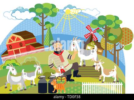 Colorful decorative outline cute farmer and white goats standing in profile in garden. Farm vector cartoon flat illustration in different colors isola Stock Vector