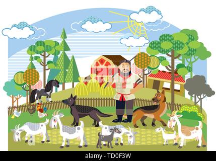 Colorful decorative outline cute farmer with german shepherd herds white goats standing in profile in garden. Farm vector cartoon flat illustration in Stock Vector