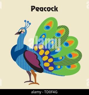 Colorful decorative outline funny colorful peacock standing in profile. Farm animals and birds vector cartoon flat illustration in different colors is Stock Vector