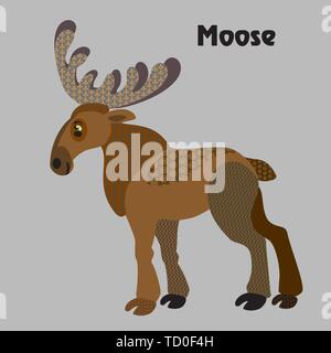 Colorful decorative outline cute moose standing in profile. Forest animals and birds vector cartoon flat illustration in different colors isolated on  Stock Vector