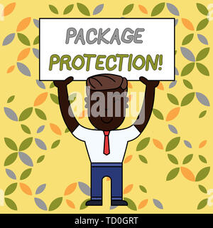 Writing note showing Package Protection. Business concept for Wrapping and Securing items to avoid damage Labeled Box Smiling Man Standing Holding Big Stock Photo