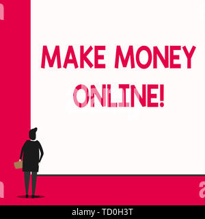 Conceptual hand writing showing Make Money Online. Concept meaning making profit using internet like freelancing or marketing Man stands in back view  Stock Photo