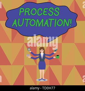 Word writing text Process Automation. Business photo showcasing Transformation Streamlined Robotic To avoid Redundancy Businesswoman with Four Arms Ex Stock Photo