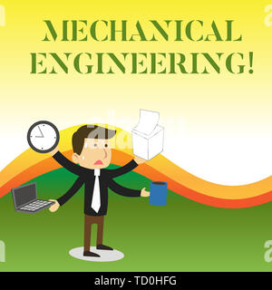Text sign showing Mechanical Engineering. Business photo showcasing deals with Design Manufacture Use of Machines Stressed Out Male Employee Manager M Stock Photo