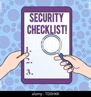 Conceptual hand writing showing Security Checklist. Concept meaning Protection of Data and System Guide on Internet Theft Hands Holding Magnifying Gla Stock Photo