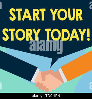 Word writing text Start Your Story Today. Business photo showcasing work hard on yourself and begin from this moment Just two men hands shaking showin Stock Photo