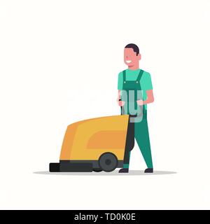 man holding professional washing machine male cleaner janitor in uniform cleaning service floor care concept flat full length Stock Vector