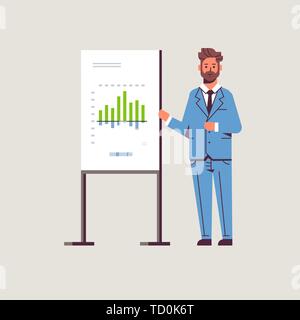 businessman presenting financial graph on flip chart board business man at seminar making presentation concept male speaker on conference meting flat Stock Vector