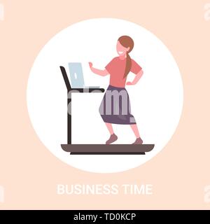 businesswoman using laptop running on treadmill business woman workout hard working concept flat full length Stock Vector