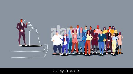 businessman candidate speaking from tribune speech in front of businesspeople crowd at conference meeting public speaking concept sketch doodle Stock Vector
