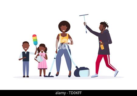 family doing housework together african american father wiping glass window mother using vacuum cleaner children dusting cleaning housekeeping concept Stock Vector