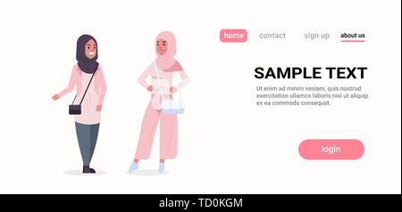 couple arabic women in hijab discussing arab girls wearing headscarf traditional clothes standing together communication concept full length Stock Vector