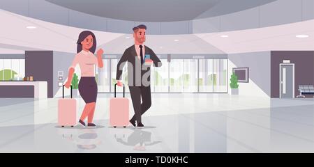 businesspeople with luggage couple standing at reception area business man woman holding suitcase contemporary lobby hotel hall interior flat Stock Vector