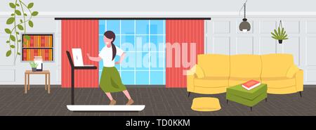 businesswoman using laptop running on treadmill woman freelancer workout hard working concept modern living room interior flat full length horizontal Stock Vector