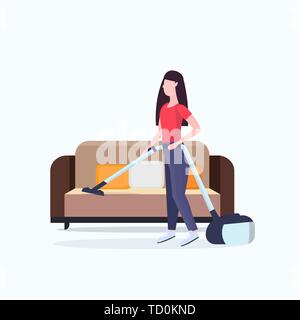 housewife using vacuum cleaner girl vacuuming couch doing housework housekeeping cleaning service concept full length flat Stock Vector