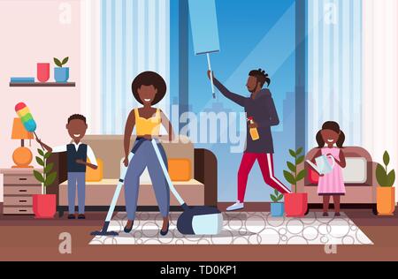 family doing housework african american father wiping window mother using vacuum cleaner children dusting and watering plants cleaning housekeeping Stock Vector