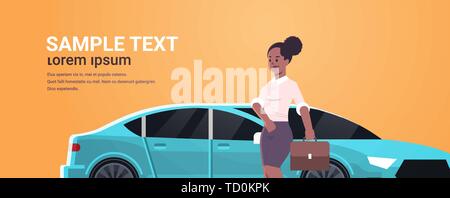 businesswoman standing near luxury car african american woman in formal wear holding suitcase going to work business concept flat portrait horizontal Stock Vector