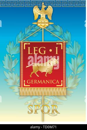 Legio I Germanica, ancient teaches banner legion of the Roman empire, vector illustration Stock Vector