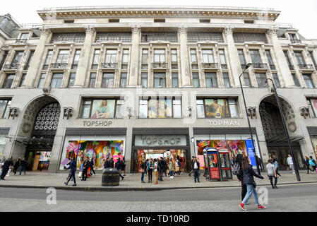 London, UK.  11 June 2019.  The exterior of Arcadia owned Topshop at Oxford Circus.  Intu Properties, Arcadia's second largest landlord has stated that it will oppose Arcadia's Company Voluntary Arrangement (CVA) proposal which may edge Sir Philip Green's business empire closer to administration. Credit: Stephen Chung / Alamy Live News Stock Photo