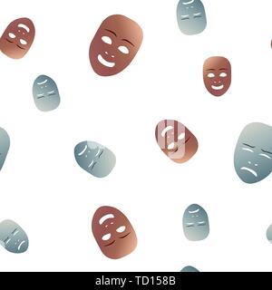 Seamless pattern theatrical mask with crying and happy emotion. Vector illustration. Bronze and silver masks with gradient isolated on white backgroun Stock Vector
