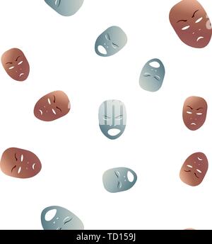 Seamless pattern theatrical mask with angry emotion. Vector illustration. Bronze and silver masks with gradient isolated on white background. Stock Vector