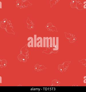 Seamless pattern of contour of dinosaurus triceratops. Isolated on red background. Vector illustration. Stock Vector