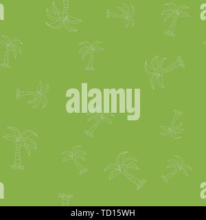 Seamless pattern of contour of palm tree with coconut. Isolated on green background. Vector illustration. Stock Vector