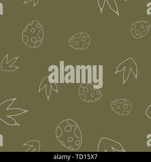 Seamless pattern of contour of dinosaurus egg and dinosaur footprint. Isolated on brown background. Vector illustration. Stock Vector