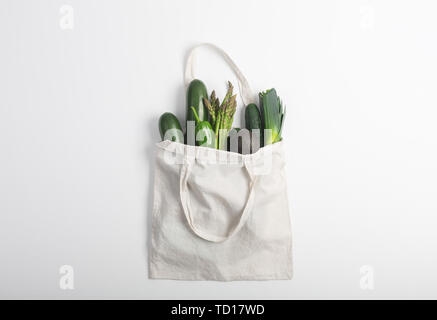 Reusable zero waste textile product bag, top view on white background Stock Photo