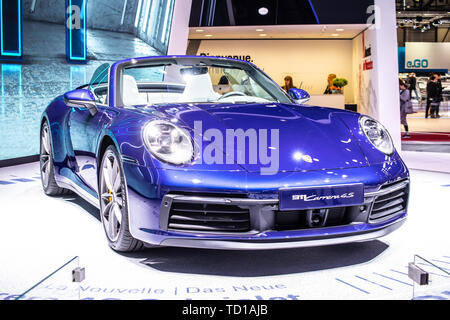 Geneva, Switzerland, March 06, 2019 all new Porsche 911 Carrera 4S cabrio 8th-gen at Geneva International Motor Show, 992 Series car from Porsche Stock Photo