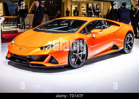 Geneva, Switzerland, March 06, 2019 Lamborghini Huracan Evo Coupe at Geneva International Motor Show, supercar manufactured by Italian Lamborghini Stock Photo