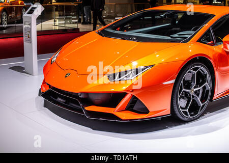 Geneva, Switzerland, March 06, 2019 Lamborghini Huracan Evo Coupe at Geneva International Motor Show, supercar manufactured by Italian Lamborghini Stock Photo