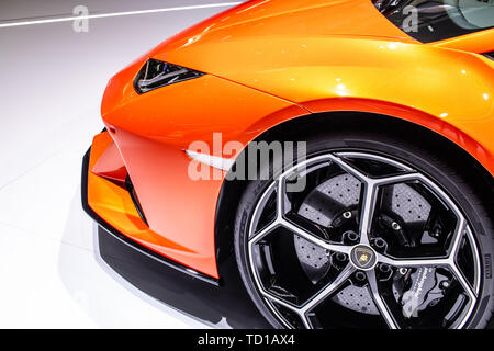 Geneva, Switzerland, March 06, 2019 Lamborghini Huracan Evo Coupe at Geneva International Motor Show, supercar manufactured by Italian Lamborghini Stock Photo