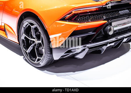 Geneva, Switzerland, March 06, 2019 Lamborghini Huracan Evo Coupe at Geneva International Motor Show, supercar manufactured by Italian Lamborghini Stock Photo