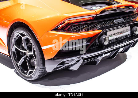 Geneva, Switzerland, March 06, 2019 Lamborghini Huracan Evo Coupe at Geneva International Motor Show, supercar manufactured by Italian Lamborghini Stock Photo