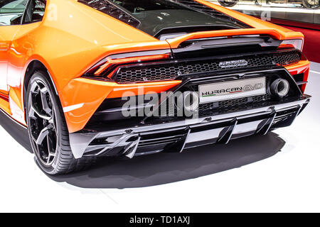 Geneva, Switzerland, March 06, 2019 Lamborghini Huracan Evo Coupe at Geneva International Motor Show, supercar manufactured by Italian Lamborghini Stock Photo