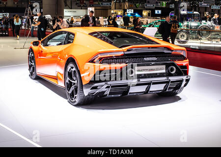 Geneva, Switzerland, March 06, 2019 Lamborghini Huracan Evo Coupe at Geneva International Motor Show, supercar manufactured by Italian Lamborghini Stock Photo