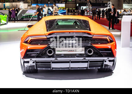 Geneva, Switzerland, March 06, 2019 Lamborghini Huracan Evo Coupe at Geneva International Motor Show, supercar manufactured by Italian Lamborghini Stock Photo