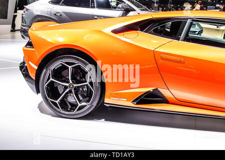 Geneva, Switzerland, March 06, 2019 Lamborghini Huracan Evo Coupe at Geneva International Motor Show, supercar manufactured by Italian Lamborghini Stock Photo