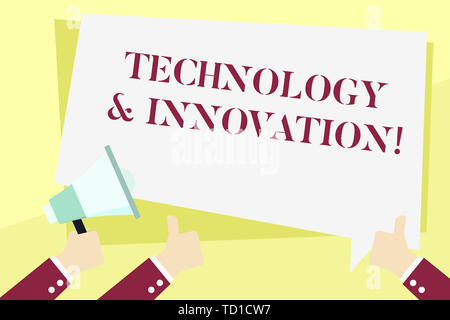 Word writing text Technology And Innovation. Business photo showcasing Application of better Solution for New Market Need Hand Holding Megaphone and O Stock Photo