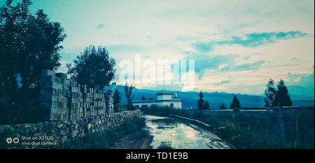 Country film mobile phone photography sky nostalgic style tone blue blue campus time golden yellow tone remote mountain village homesickness humanistic landscape record Stock Photo