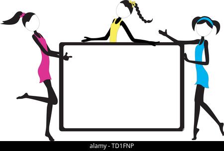 Fun Stick Figure Girls in colorful dresses showing a whiteboard with large copy space - each girl grouped separately, dresses removable & easy to chan Stock Vector