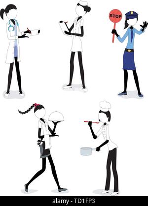 Stick Figure Girls at work in service occupations - each girl grouped separately, clothes removable & easy to change color Stock Vector