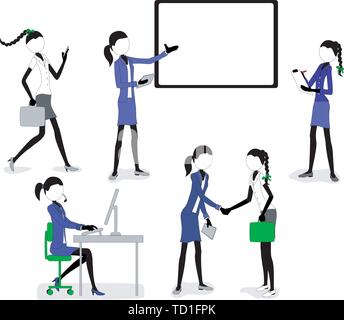 Business Stick Figure Girls at work in the office - each girl grouped separately, clothes removable & easy to change color Stock Vector