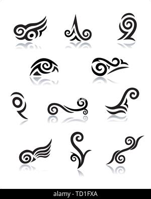 Abstract Maori Koru Tattoo Elements with Reflections, Each object grouped separately EPS10 Stock Vector